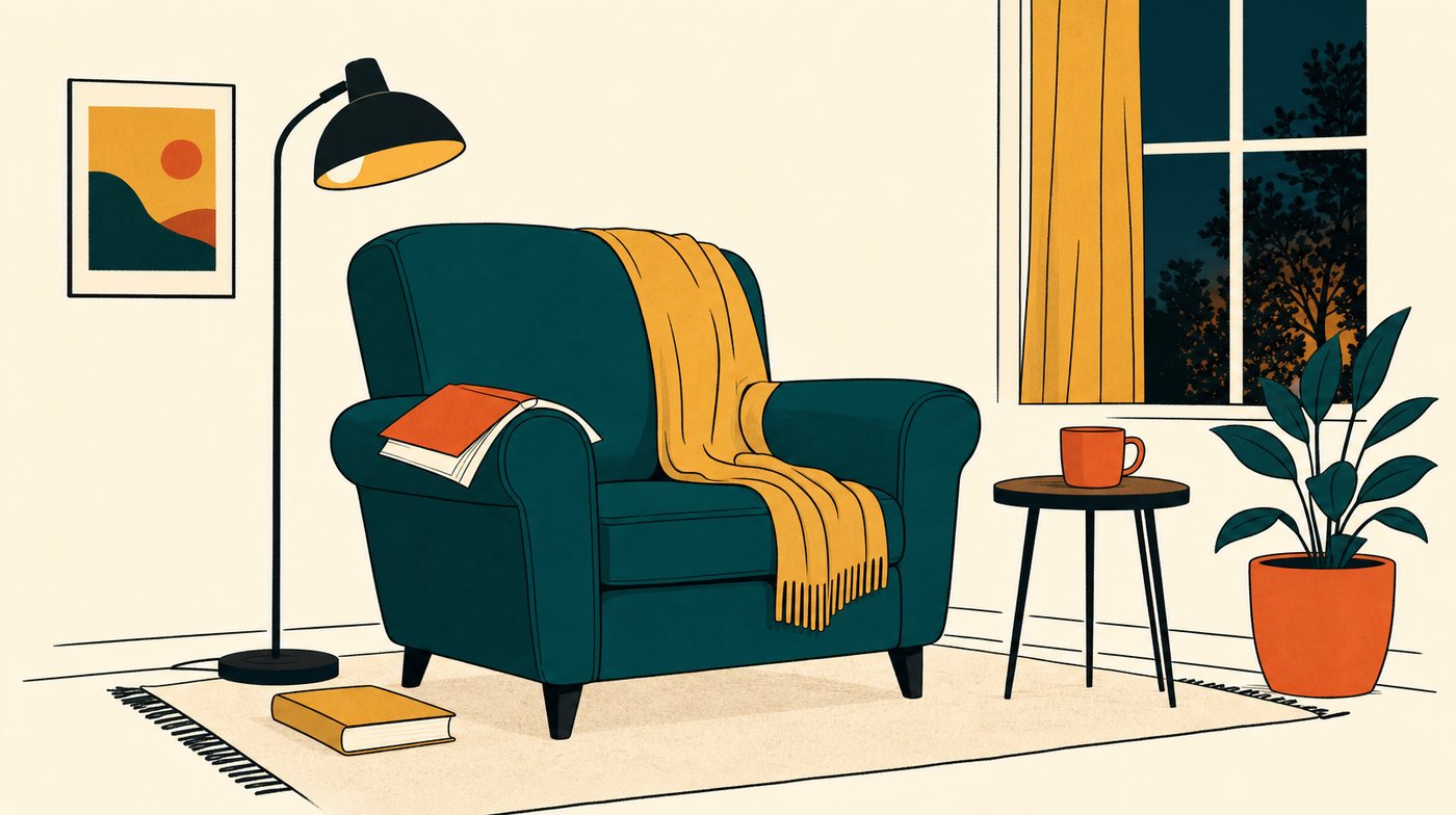 An armchair by a lamp with a book left open and face down on the arm, and a second book waiting on the floor