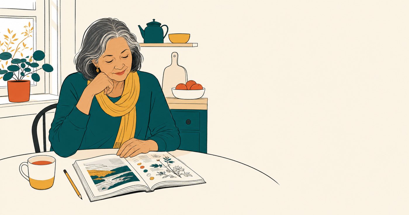 A woman at a kitchen table in morning light with an open guide, a cup and a pencil, working through one small thing