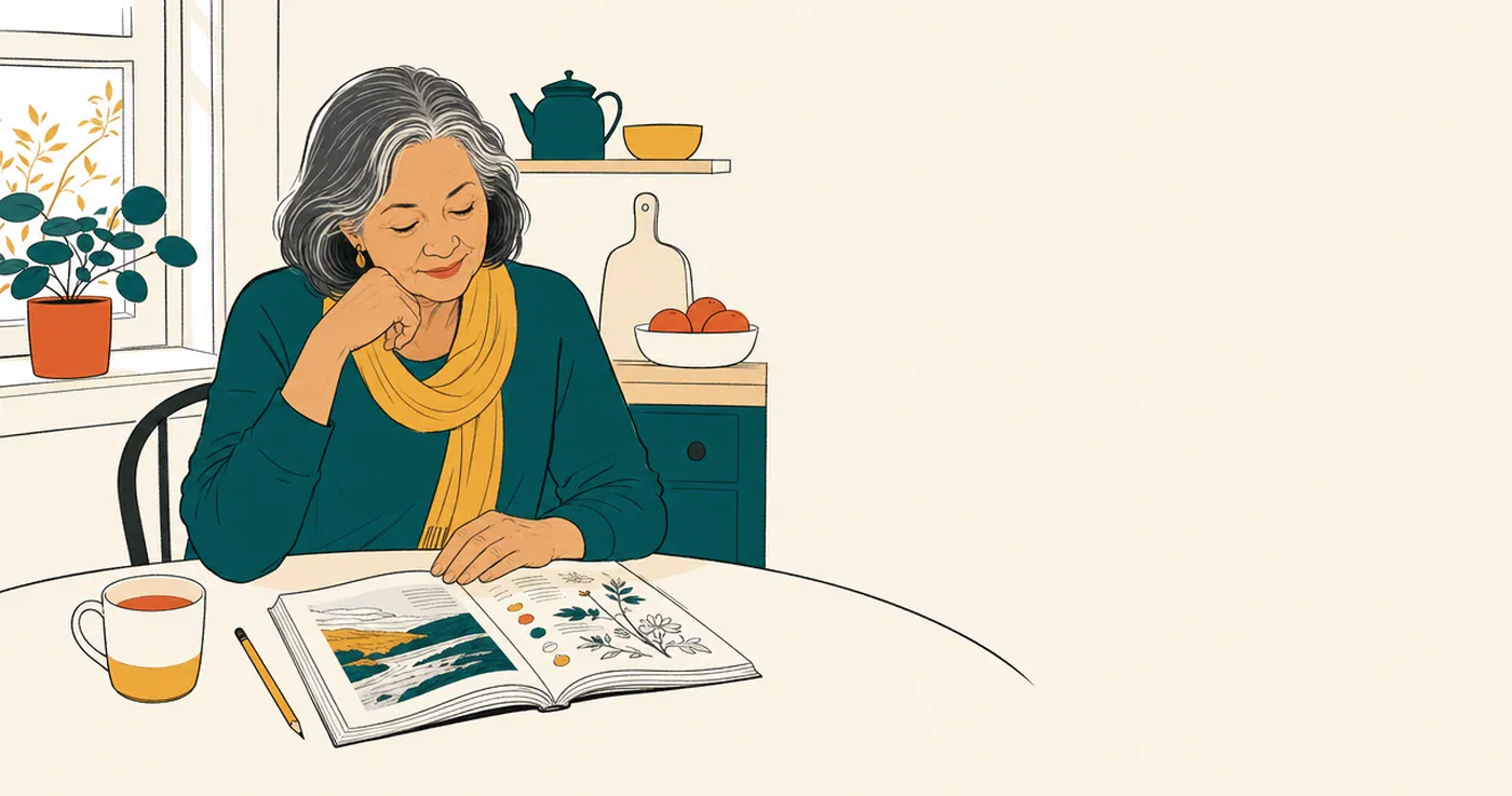 A woman enjoying an illustrated guide at her kitchen table.