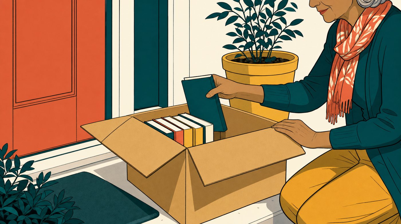 An open carton on a doorstep with a row of paperbacks standing in it, one lifted out