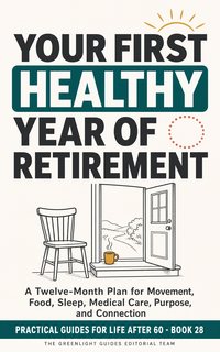 Your First Healthy Year of Retirement — An older retiree moving along a twelve-month circular path with symbols for movement, meals, sleep, medical care, friendship, and purpose.
